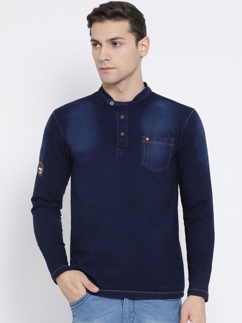 

SWISS MILITARY Men Navy Blue Solid Mandarin Collar T-shirt