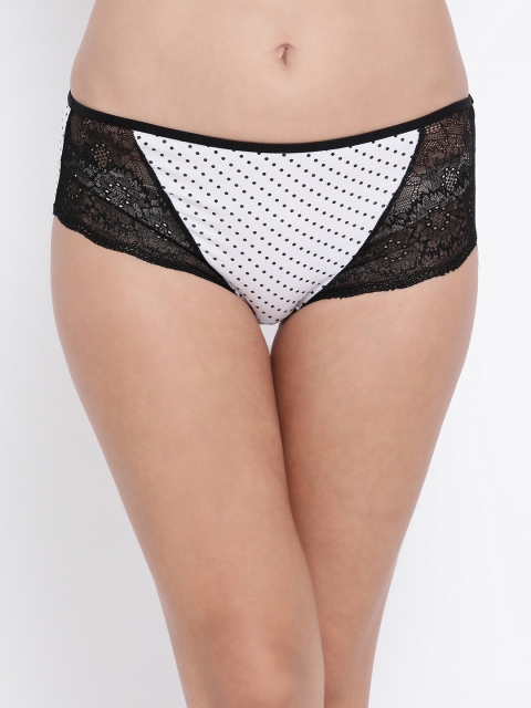 

Clovia Women White & Black Polka Dot Printed Mid-Rise Lace Hipster Brief PN2755P18S