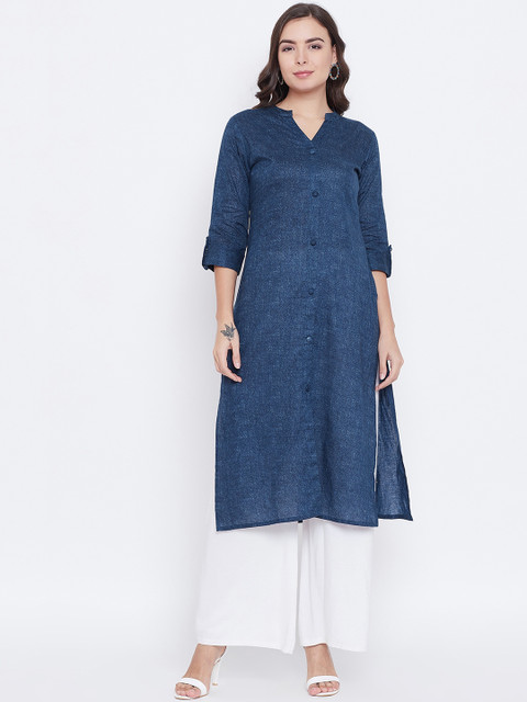 

rangeelo rajasthan Women Blue Solid Knitted Straight Kurta