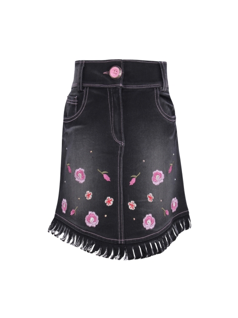 

CUTECUMBER Girls Black Washed Embroidered Denim Skirt