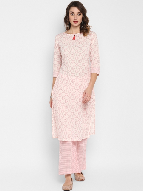 

Janasya Women White & Pink Printed Kurta with Palazzos