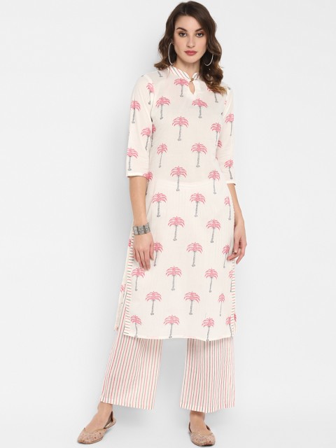 

Janasya Women White & Pink Printed Kurta with Palazzos