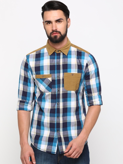 

WITH Men Blue & White Slim Fit Checked Casual Shirt