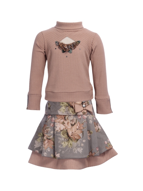 

CUTECUMBER Girls Brown & Grey Solid Top with Skirt