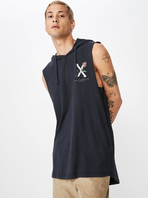 

COTTON ON Men Black Hustle Muscle Printed Hood T-shirt