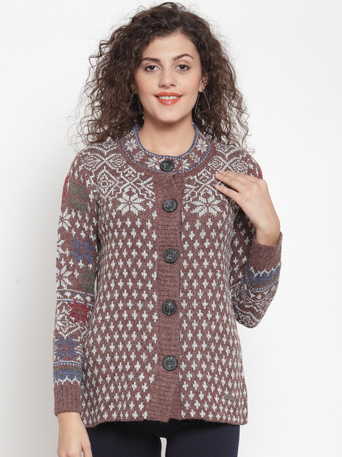 

Global Republic Women Brown & White Self Design Cardigan Sweater