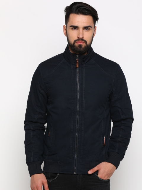 

SHOWOFF Men Navy Blue Solid Leather Jacket