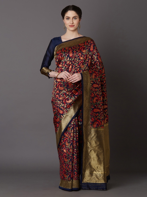 

Mitera Navy Blue & Red Silk Blend Woven Design Kanjeevaram Saree