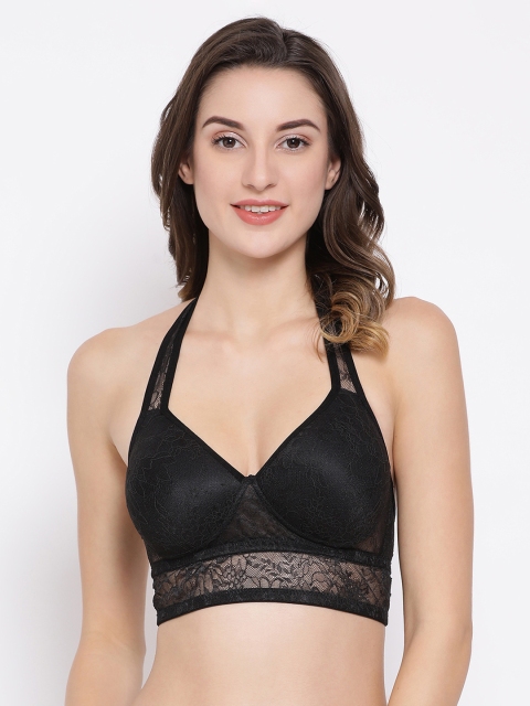 

Clovia Black Self Design Lace Non-Wired Lightly Padded Bralette Bra BR1940P13