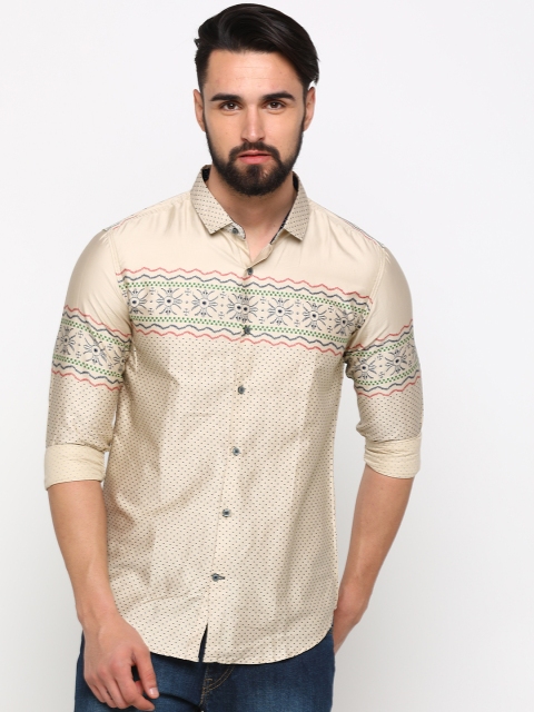 

WITH Men Khaki & Blue Slim Fit Printed Casual Shirt