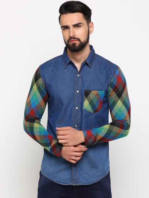 

WITH Men Blue & Green Printed Slim Fit Casual Shirt