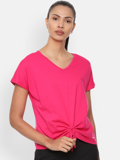 

Van Heusen Woman Pink Solid Twisted Crop Pure Cotton Top