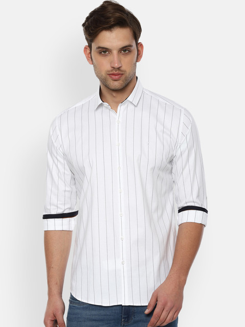 

V Dot Men White & Blue Slim Fit Striped Casual Shirt
