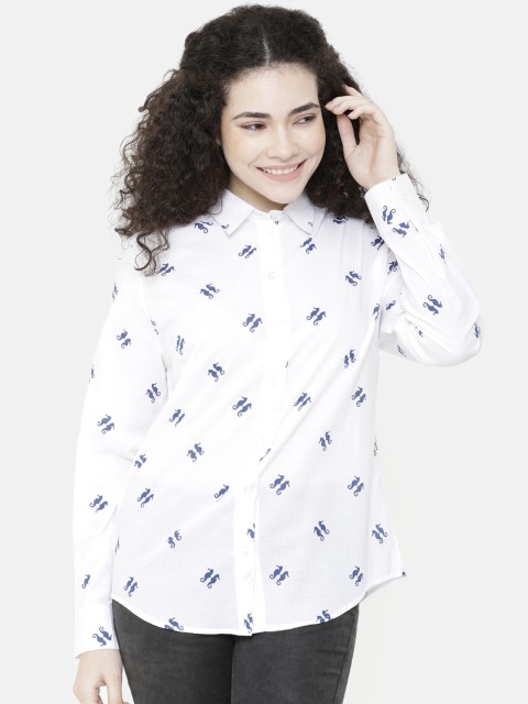 

Double Two Women White & Blue Regular Fit Printed Casual Shirt