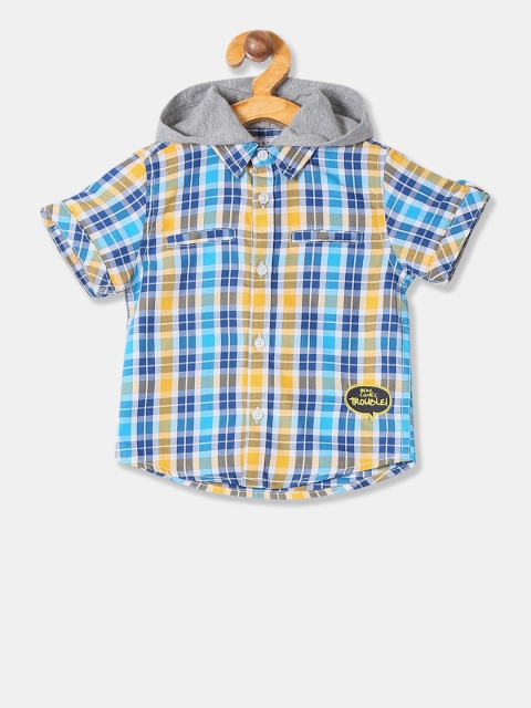 

Donuts Boys Blue & White Regular Fit Checked Hooded Casual Shirt