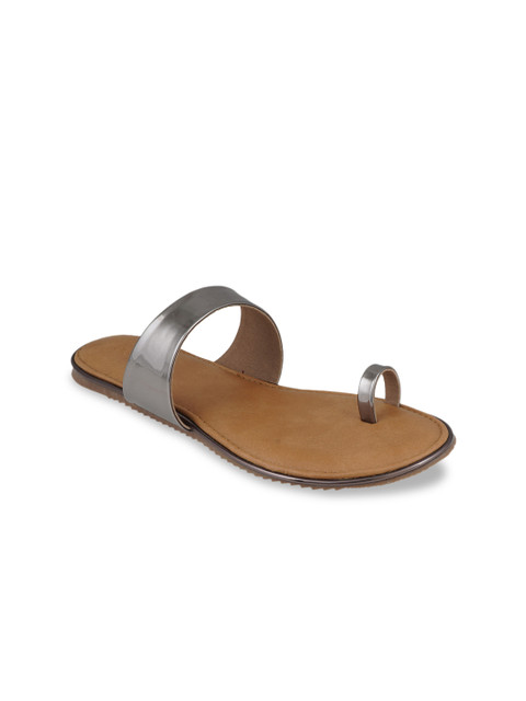 

pelle albero Women Gunmetal-Toned Solid One Toe Flats, Metallic