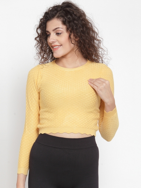 

Global Republic Women Yellow Self Design Cropped Pullover Sweater
