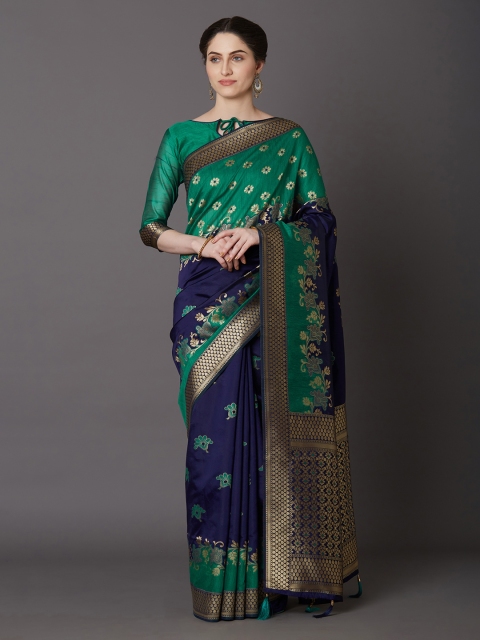 

Mitera Blue & Green Silk Blend Woven Design Kanjeevaram Saree