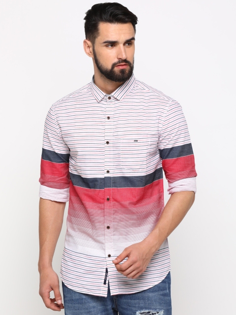 

WITH Men White & Blue Slim Fit Striped Casual Shirt