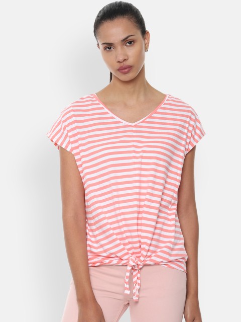 

Van Heusen Woman Peach-Coloured & White Striped Pure Cotton Top