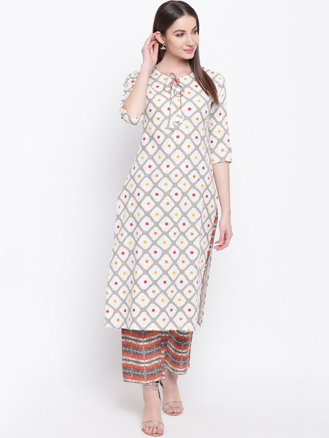 

Khushal K Women Off-White & Orange Printed Kurta with Palazzos