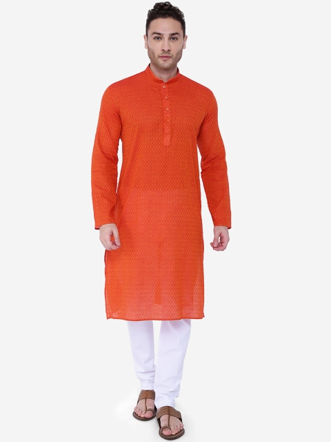 

RAJUBHAI HARGOVINDAS Men Orange Handloom Printed Straight Kurta