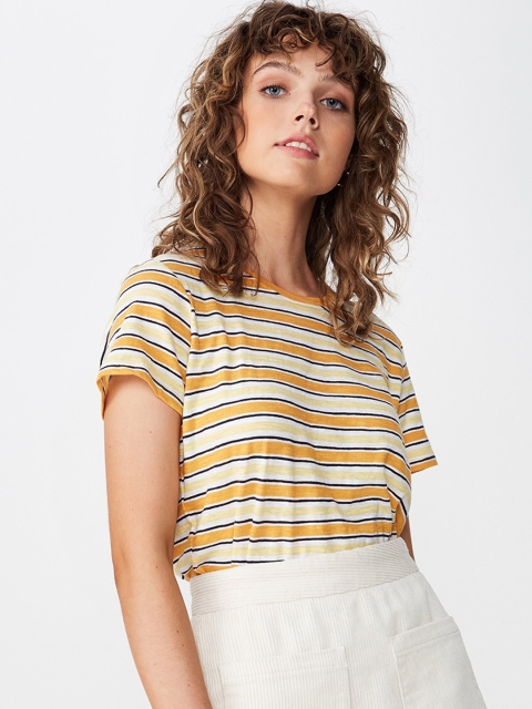 

COTTON ON Women Yellow Striped Round Neck T-shirt