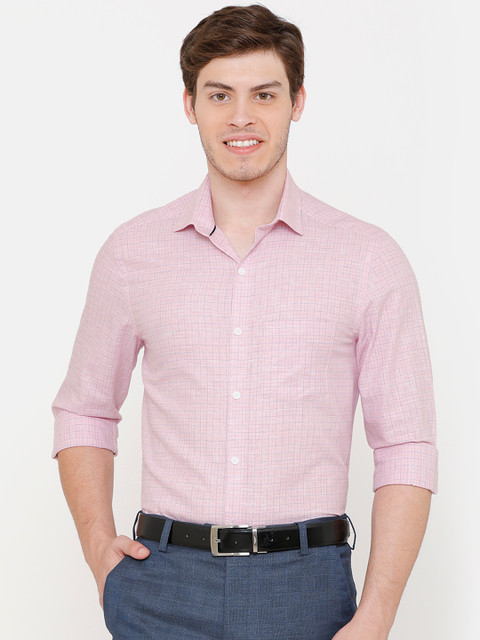 

CAVALLO by Linen Club Men Cotton Linen Pink & Blue Regular Fit Checked Formal Shirt