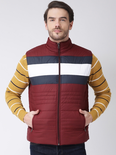 COBB Men Marron & White Colourblocked Padded Jacket, Maroon