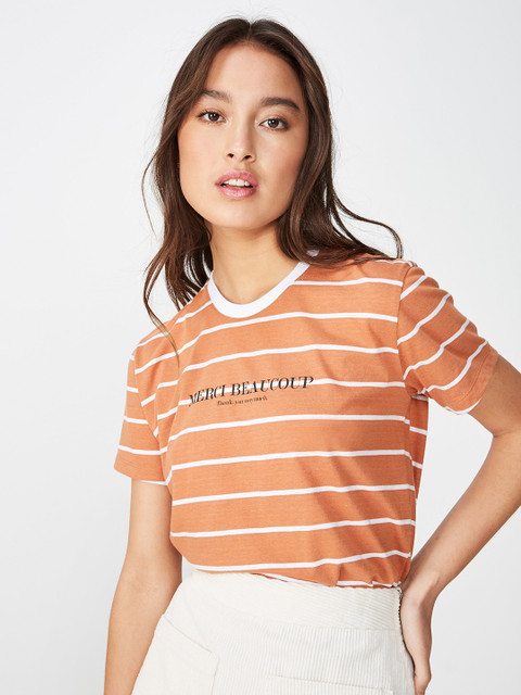 

COTTON ON Women Orange & Off-White Striped Round Neck T-shirt
