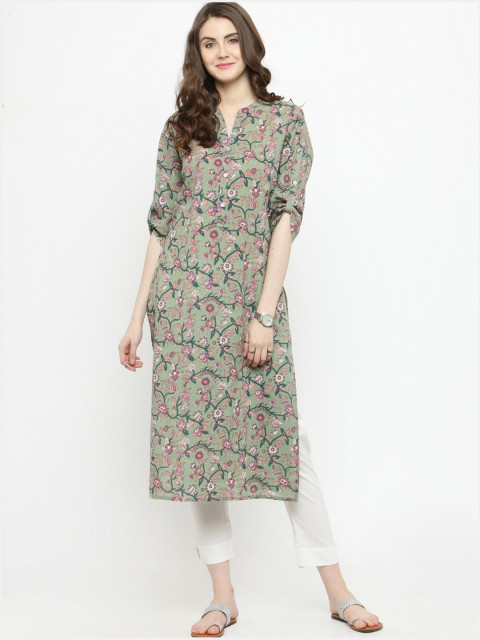 

Varanga Women Green Printed Straight Kurta