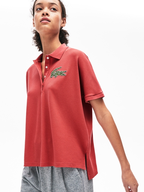 

Lacoste Women Rust Solid Polo Collar T-shirt
