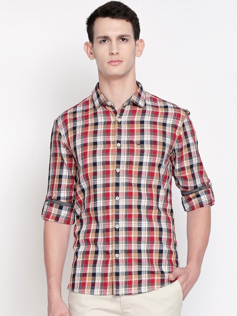 

Basics Men Beige & Red Slim Fit Checked Casual Shirt