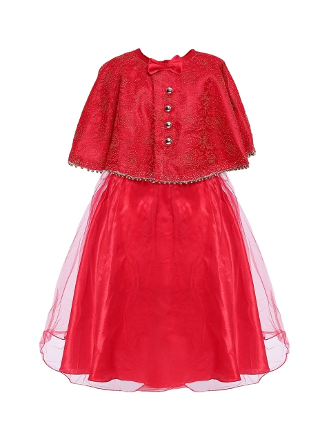 Aarika Girls Red Self Design Fit and Flare Dress