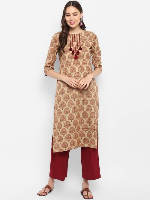 

Janasya Women Beige & Maroon Printed Kurta with Palazzos
