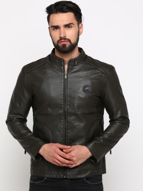 

SHOWOFF Men Olive Green Solid Leather Jacket
