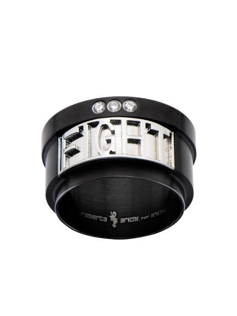 

Inox Jewelry Men Black & Silver-Toned Stainless Steel Roberto Arichi CZ FIGHT Finger Ring