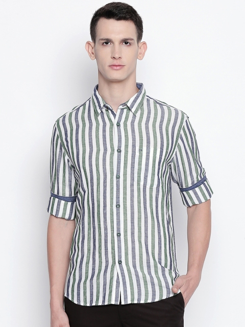 

Basics Men White & Green Slim Fit Striped Casual Shirt