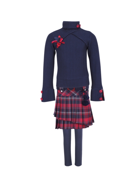 CUTECUMBER Girls Navy Blue & Red Solid Top with Skirt & Legging
