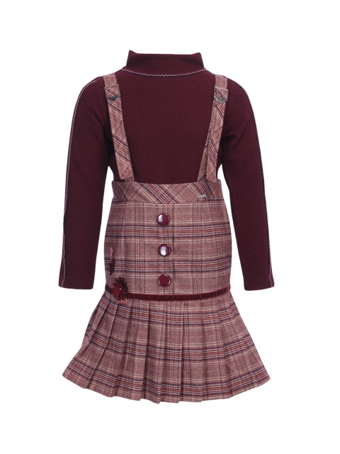 

CUTECUMBER Girls Maroon Checked Pinafore Dress With Top