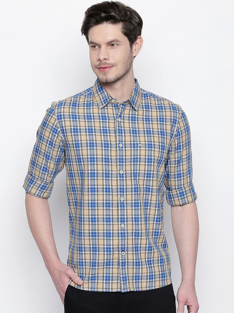 

Basics Men Beige & Blue Slim Fit Checked Casual Shirt