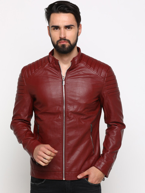 

SHOWOFF Men Maroon Solid Leather Jacket