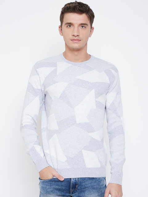 

METTLE Men Grey Melange Printed Pullover Sweater