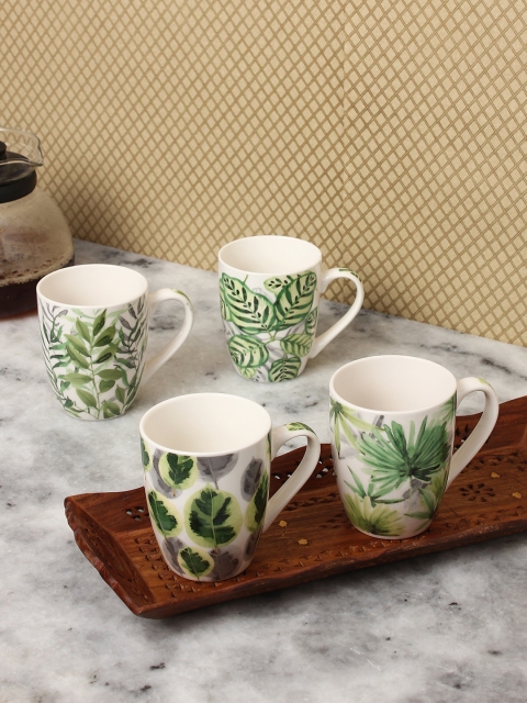 

House Of Accessories Set Of 4 White & Green Printed Ceramic Cups Set