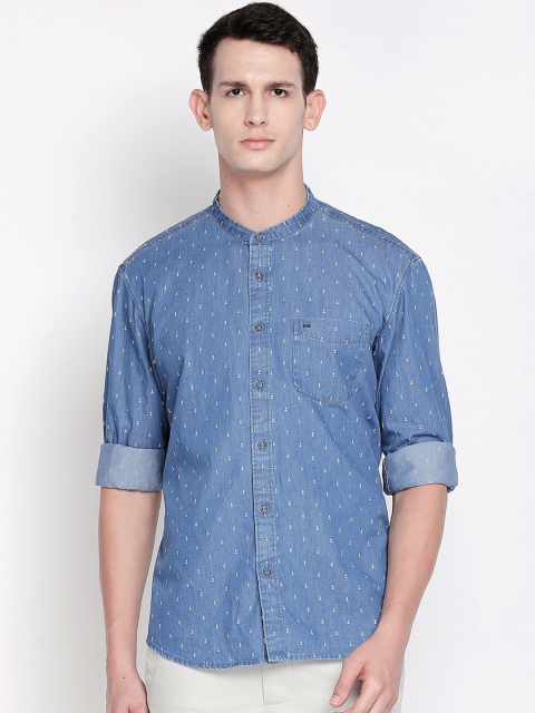 Basics Men Blue & Off-White Printed Slim Fit Casual Shirt