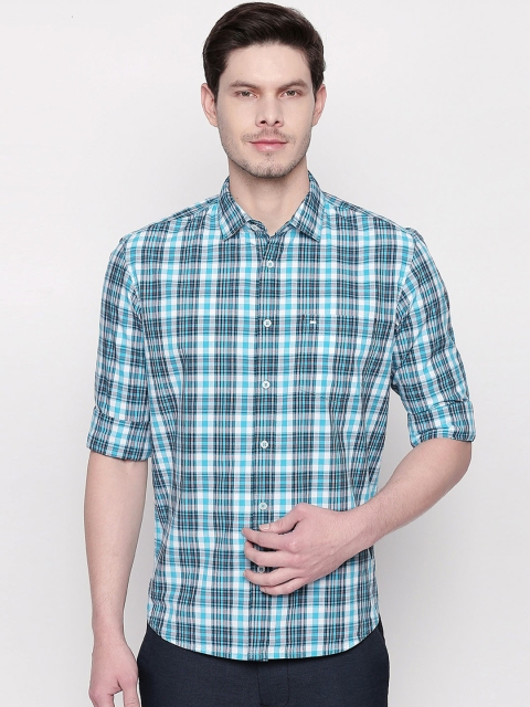 

Basics Men Turquoise Blue & White Checked Slim Fit Casual Shirt