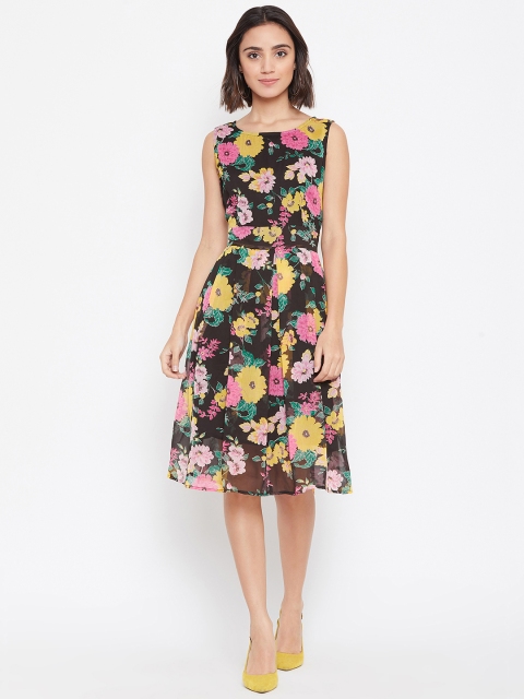 

Ruhaans Women Black & Pink Printed Fit and Flare Dress