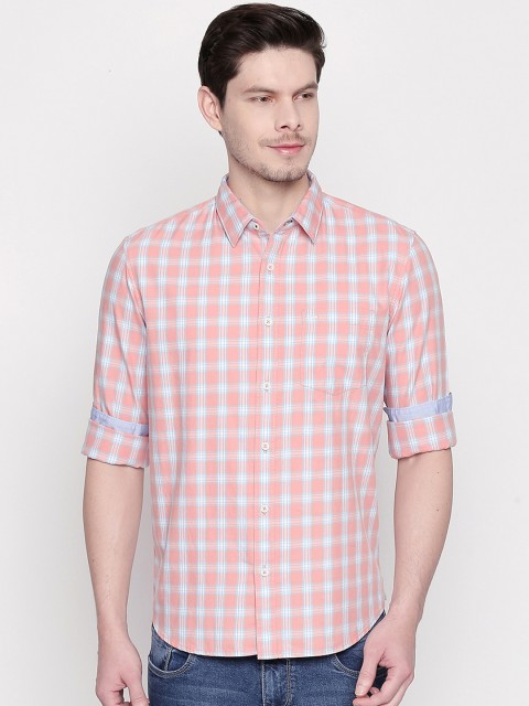 

Basics Men Peach-Coloured Slim Fit Checked Casual Shirt