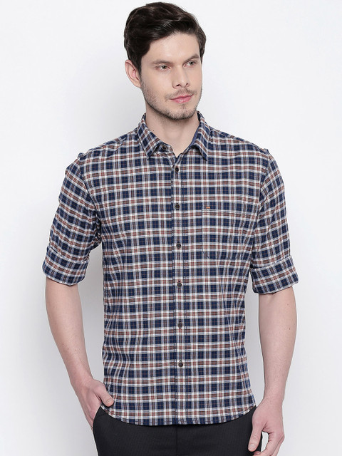 

Basics Men Brown & Navy Blue Slim Fit Checked Casual Shirt