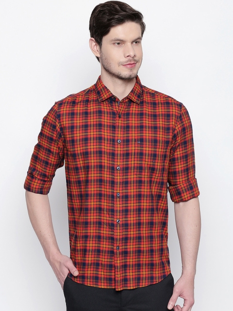 

Basics Men Orange & Navy Blue Slim Fit Checked Casual Shirt